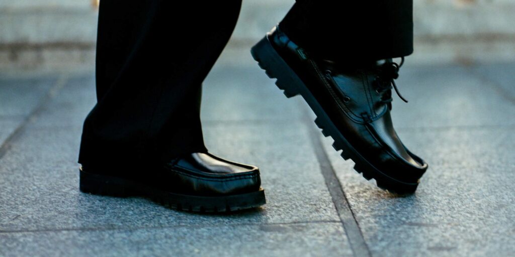 Paraboot Briac men’s Derby shoes in smooth black leather, with a lugged rubber sole and hand-stitched vamp.