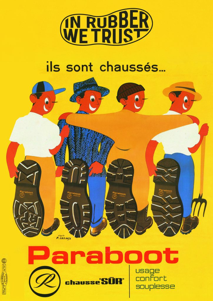 Affiche vintage Paraboot In Rubber We Trust illustrant quatre silhouettes et leurs semelles en gomme crantées.